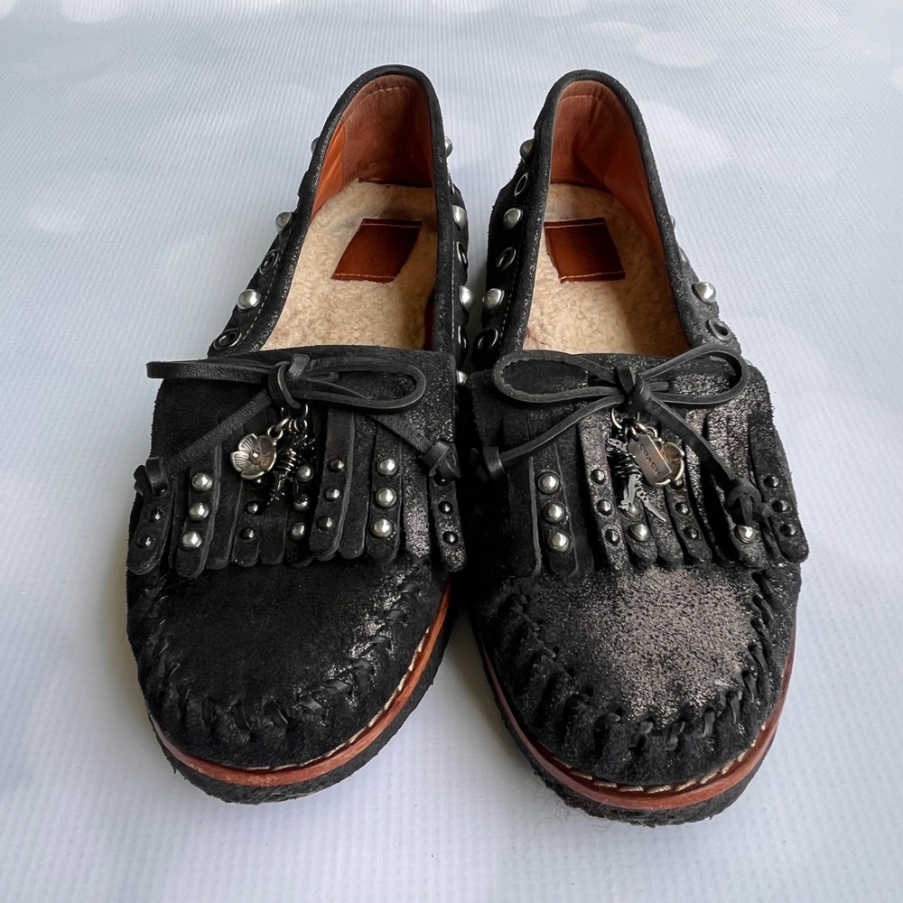 COACH Rexy Roccasin Glitter Pearl Leather Shearling Western Moccasin Loafers 8 - Picture 5 of 11